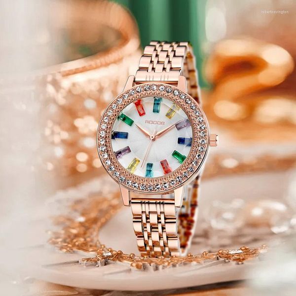 Rocos Rocos Luxury Elegant For Women Rose Gold Fashion Fashion Ladies Quartz Diamond Wristwatch feminino R0260