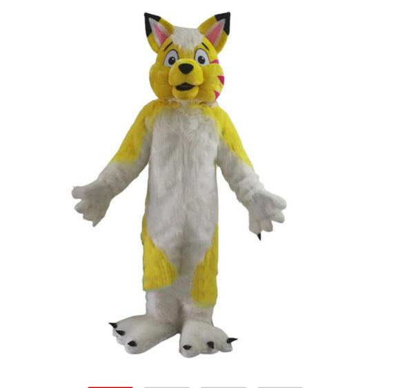 Mascote de cão de lobo amarelo mascote de peles longas traje de peles de fúlloit halloween partido de festa fantasia vestido adulto tamanho mascote figurino dramatização de figurino