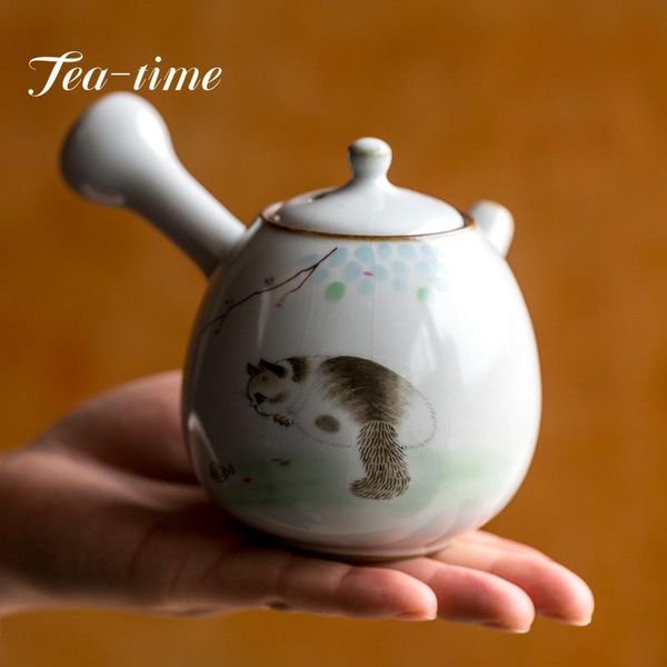 Teewaren 230ml Chinese Ru Kiln Seitengriff Teekannen handgefertigt niedliche Katzenmuster Keramik -Kessel -Reisebereich tragbarer Filter Tee Home Tee Set