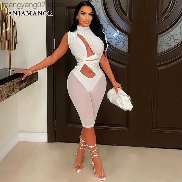 Kadın Tulumları Yük atanlar Düzensiz İçi Boş Kesim Twist Romper Mesh Tulum Kadın Giyim 2023 Moda Seksi Kulüp Kıyafetleri D27-CE26 T230504