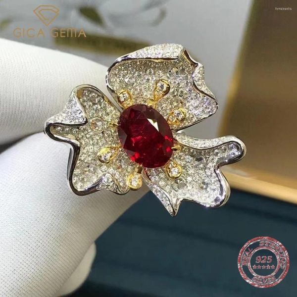 Ringos de cluster gica gema 18k ouro banhado 925 prata esterlina 3 ct rubi ruby ​​simulado moissanite gemstone cocktail cocktail flor ring fino