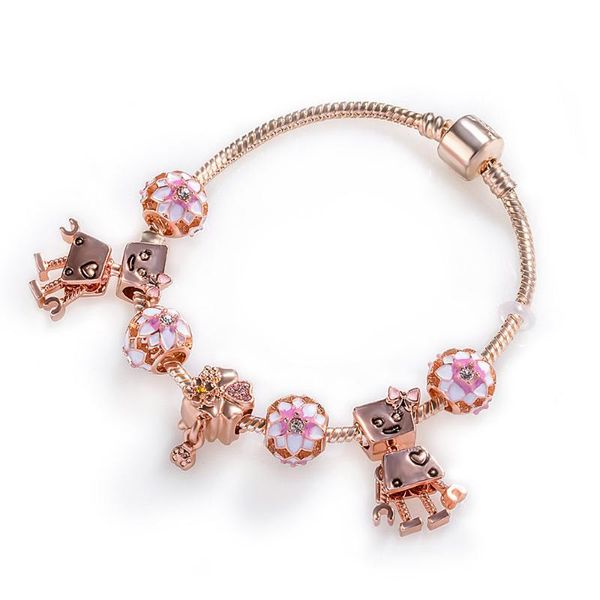 Charm Armbänder 2023 Kreative Roboter Rose Hohl Großes Loch Perlen DIY Vierblättrige Blume Perlen Damen Armband Frauen