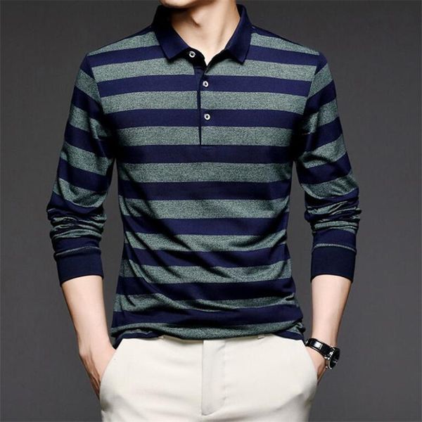 Camisetas masculinas 2023 Moda coreana da primavera Homem de t-shirt listrada Men de manga longa Camisa de gola virada para roupas masculinas Marca de camisetas Tees