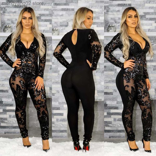 Tute da donna Pagliaccetti Echoine Lussuoso Paillettes Glitter Tuta Manica lunga Sheer Mesh Patchwork Pagliaccetti eleganti Skinny Bodycon Bodysuit Tuta T230504