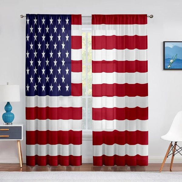 Cortina do Dia da Independência Tule de bandeira americana para decorações de janelas do quarto Sala de estar EUA listras de chiffon cortinas