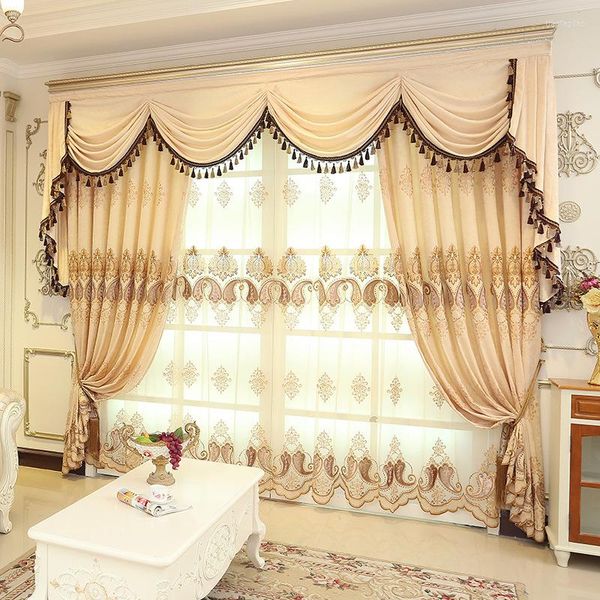 Cortina de cortina européia Chenille bordou cortinas de luxo para sala de estar Blackout Blackout bege elegante Tule Valance Janela personalizada