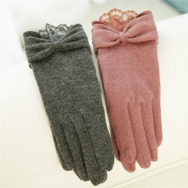 Guanti a cinque dita 2023 Inverno Donna Lana lavorata a maglia Singolo strato Polso Pizzo Elegante Bowknot Thermal Lady Glove T117