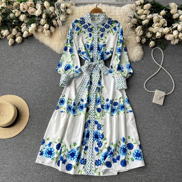 Freizeitkleider Banulin Damen Sweet Flower Print Holiday Beach Maxikleid Runway Stehkragen Lange Laternenärmel Schnürgürtel Party Vestidos