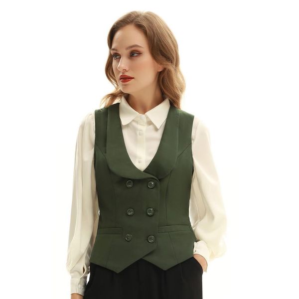 Giubbotti Belle Poque Donna Vintage Doppio Petto Gilet Profondo Scollo a V Fazzoletto Orlo Gilet Cappotto Vintage Colletto con risvolto Gilet con Tasca