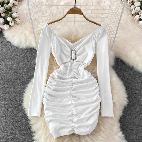 Повседневные платья Осень 2023 Корейские девушки моды белые платье с длинным рукавом сексуальное v-образное тонкое морщинистые морщинисты