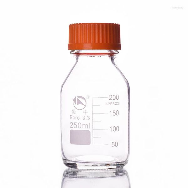 Flacone di reagente con coperchio a vite giallo Vetro borosilicato 3.3 Capacità 250 ml Fiale per campioni di graduazione Coperchio in plastica