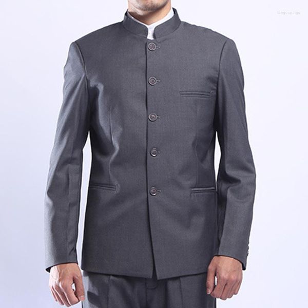 Herrenanzüge Herren Graue Tunika Anzugjacke Mandarin Stehkragen Einreiher Traditioneller Chinesischer Stil Grauer Mantel Herrenoberbekleidung