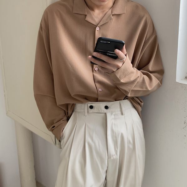 Camisas casuais masculinas colarinho de terno masculino Casacos soltos de manga longa Camisa Fit Fit French Moda