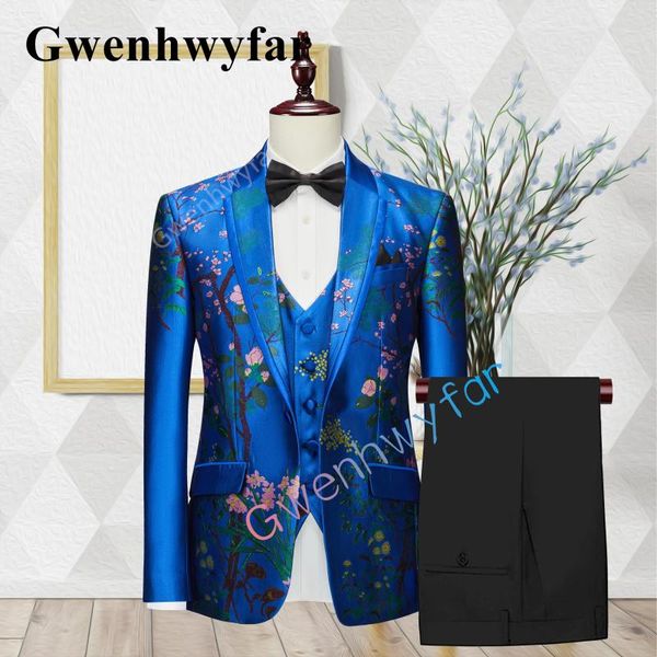 Ternos masculinos Gwenhwyfar Top Design Style Suit British Royal Blue Casual Casual de alta qualidade Jacquard Fabric Groom Wedding Tuxedo Three
