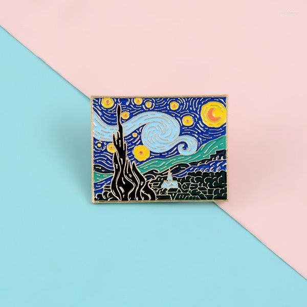 Broches winoneday famosos pinturas de arte pinos noturno estrelado céu esmalte mochila para artista jóias de broche artístico da multidão