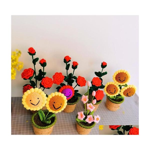 Dekoratif çiçek çelenkler el yapımı el yapımı iplik tığ işi gül pot çiçek buket düğün ev dekor kız arkadaşları aşk dhfx5
