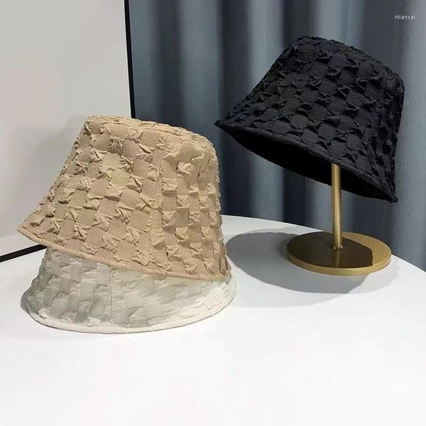 Boinas -vendendo chapéu de sol moda moda plissada bolha xadrez feminino fisherman chapéus respiráveis ​​All -Match Face Small Bucket Cap