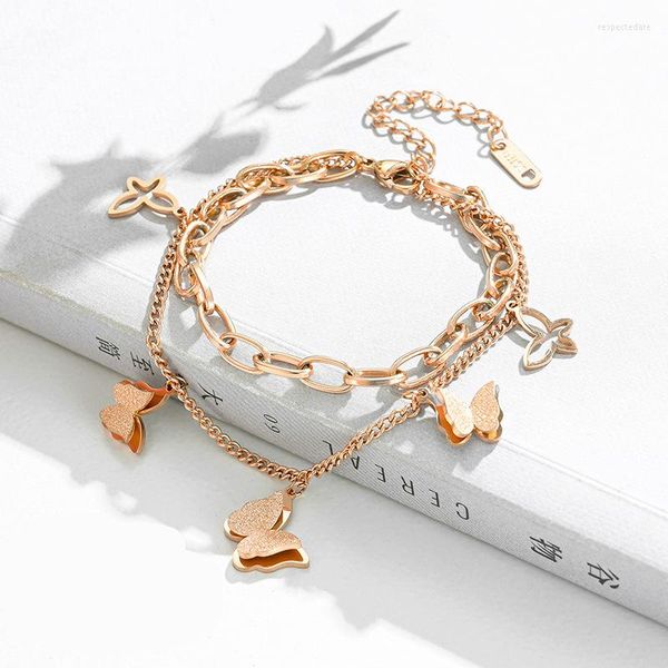 Charm Armbänder Trendy Doppelschicht Edelstahl Matt Schmetterling Armband 3 Farbe Kleines Insekt Einstellbar Für Frauen Schmuck 2023