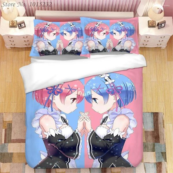 Set di biancheria da letto Anime giapponese Ram Rem Set stampato in 3D Copripiumini Federe Trapunte Biancheria da letto Biancheria da letto 01