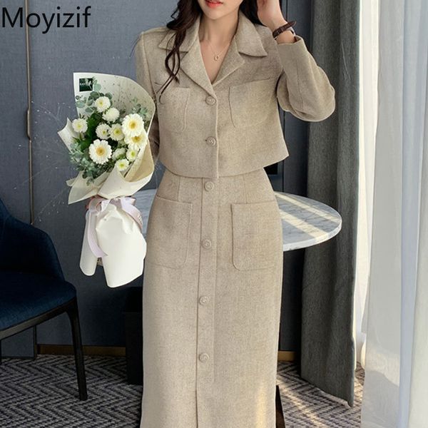 Zweiteiliges Kleid Moyizif Winter Frau Rock Sets Revers Taschen Fester Mantel Hohe Taille Split Röcke Zweiteiliges Set Retro Korean Fashion Damen Outfit 230504