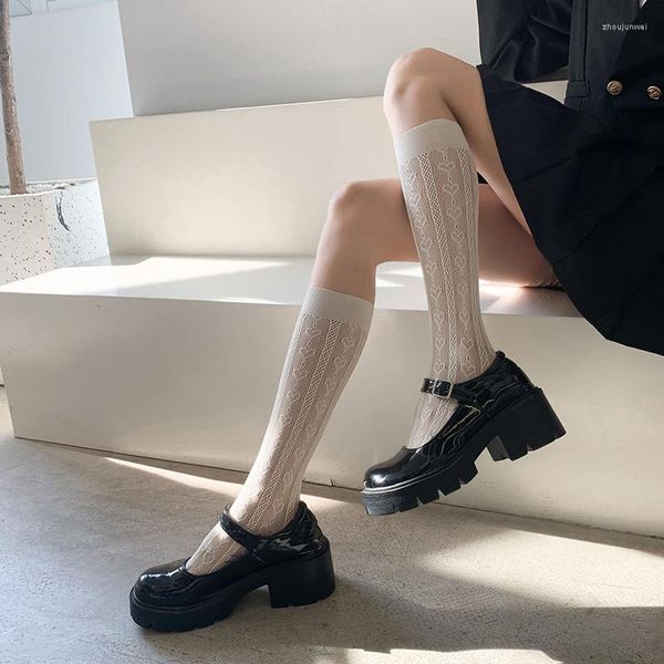 Frauen Socken Sommer JK Lace Calf Sexy Mesh Netzstrümpfe Weiß Schwarz Einfarbig Kawaii Lolita Girl Long Sox Calcetines Mujer