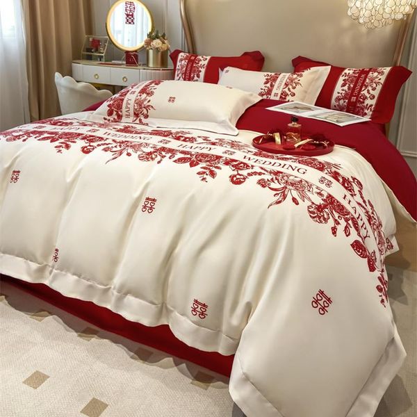 Bettwäsche-Sets Rot Hochzeitsset Luxus für Feiern Bettbezug Spannbettlaken Bettdecken Kingsize-Betten Heimtextilien