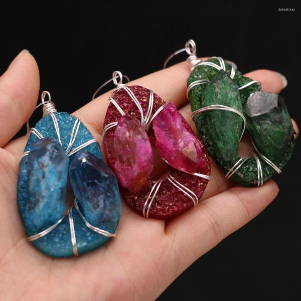 Colares pendentes 1pcs naturais druzy stone ovo formato de mix de rosa vermelho azul cristal verde para jóias de colar fazendo presente de presente 35x65mm