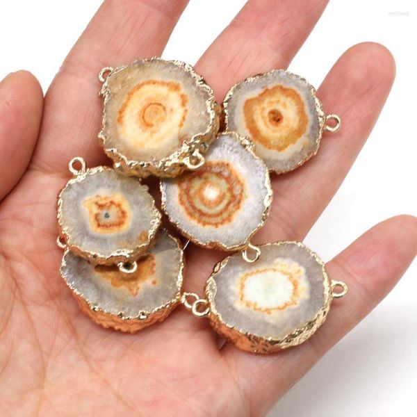 Colares pendentes Amarelo Irregular Round Agate com o charme do conector de padrão de ouro para joalheria que fabrica uma acessória de colar diy