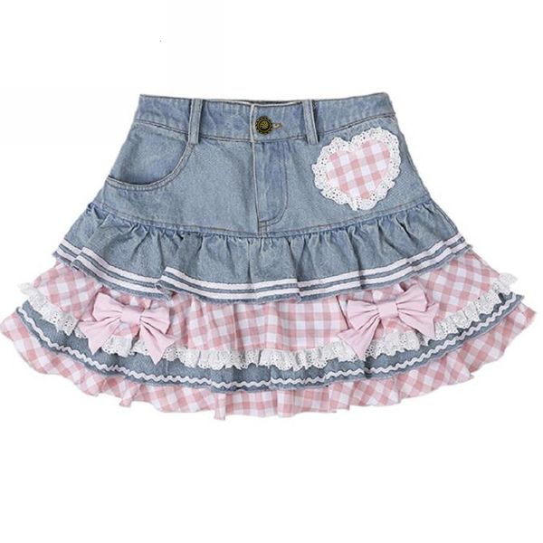 Gonne Stile Preppy Lolita Kawaii Giapponese Dolce Mini Donne Harajuku Carino Abito di Sfera Denim Skater Y2K Vita Alta Torta di Pizzo 230503