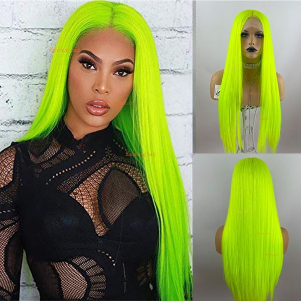 Parrucche sintetiche parrucca anteriore in pizzo colorato verde fluorescente capelli lisci lunghi Cosplay per fibra da donna