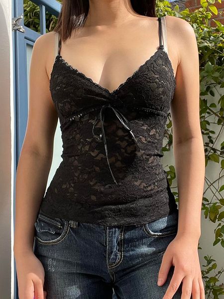 Camisoles Canotte Nero See Through Lace Cami Crop Top Donna Estate Y2K Vestiti senza maniche con scollo a V Camis sexy Estetici T-shirt gotiche anni 2000 230503