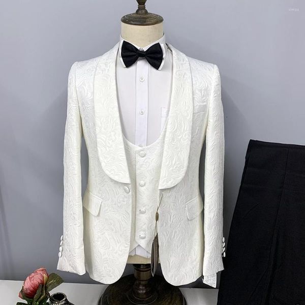 Herrenanzüge Weißer Hochzeitsanzug Für Männer Blazer Jacquard Stoff Jacke Hose Weste Drei Stück Königsblau Formal Business Kostüm Homme Slim Fit