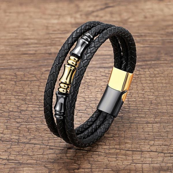 Braccialetti con ciondoli Braccialetti da uomo geometrici placcati in oro in acciaio inossidabile Tessuto Corda in pelle Gioielli da polso maschili Regali all'ingrosso