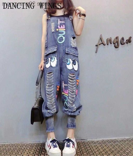 Frauen Jumpsuits Strampler Weibliche Denim Overalls Mode Pailletten Cartoon Buchstaben Loch Trägerhose Beiläufige Lose Haremshose Frauen Denim Overalls T230504