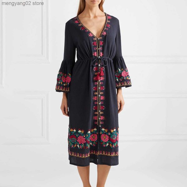 Abiti da festa Boho Ricamo floreale Lungo Donna 2021 Autunno Retro Flare Manica con scollo a V Nero Ladies Hippie Beach Midi T230504