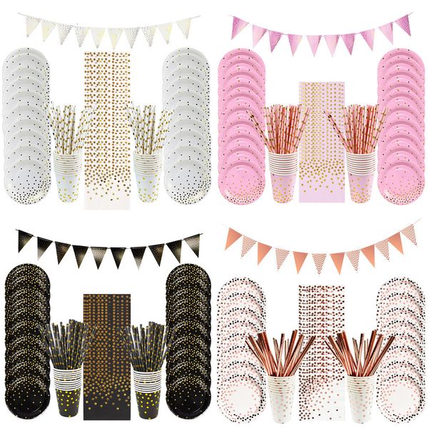 Sonstiges Event Party Supplies Gold Dot Einweggeschirr Set Weiß Rosa Schwarz Teller Stroh Pappbecher Banner Geburtstag Babyparty Hochzeitsdekoration 230504