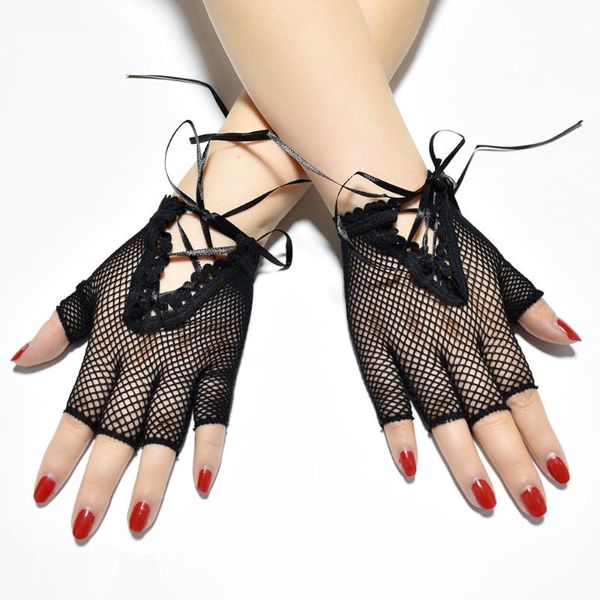 Guanti a cinque dita da donna sexy neri corti mezze dita rete da pesca elasticizzata cinturino a rete cava punk cosplay decorazione del ballo di fine anno