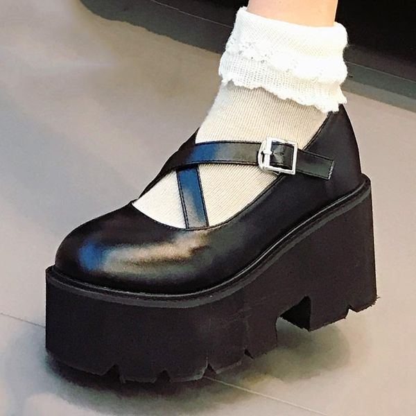 Elbise Ayakkabı Vintage Mary Jane Lolita Platform Kalın Alt Alt Kadın Yüksek Topuk Deri Harajuku Japon Kız Yüksekliği