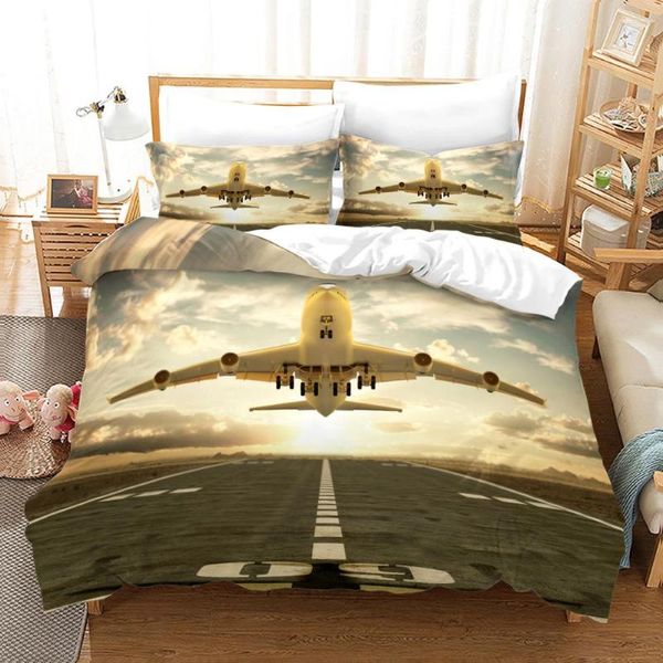 Bettwäsche -Sets Flugzeug Bettdecke Abdeckung Luftfahrtflugzeug Himmel Polyester für Kinder Kinder Teenager Blau -weiße Wolken Schlafzimmer Dekorationen