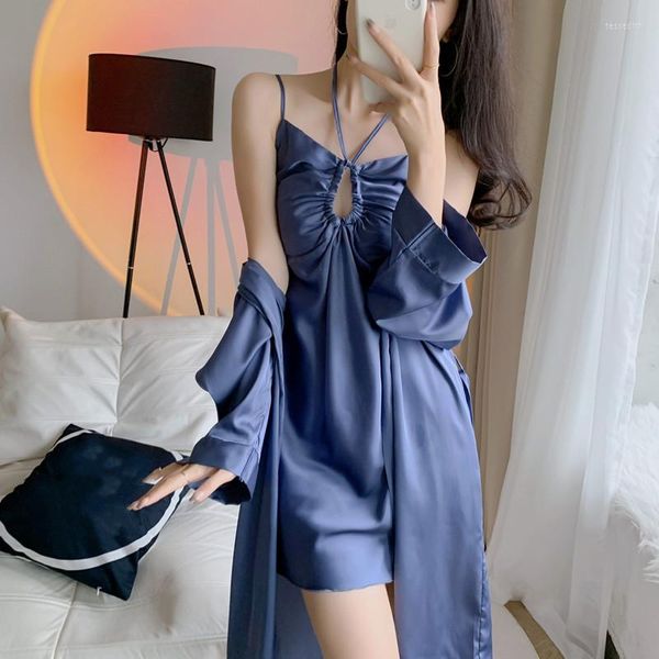 Indumenti da notte da donna Accappatoio in raso blu da donna Camicia da notte sexy Estate Rayon Kimono Abito da notte Set Lingerie Abbigliamento per la casa