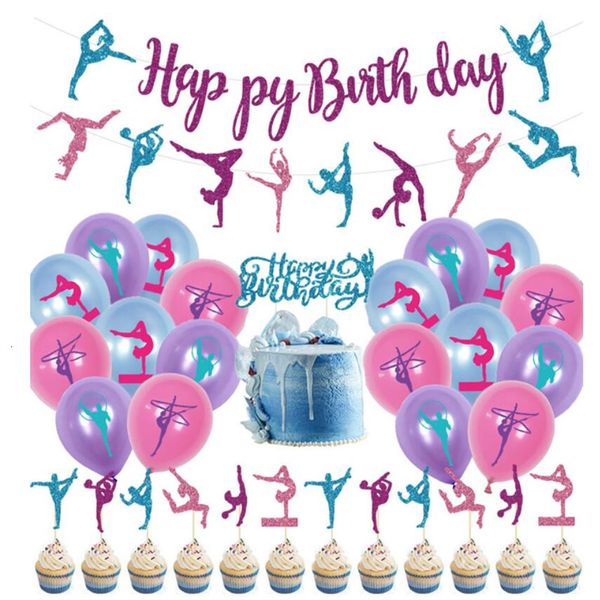 Altre forniture per feste festive Ginnastica Tema Decorazione di compleanno Palloncini Happy Banner Cake Topper Set Girl Sports Scenes Decor 230504