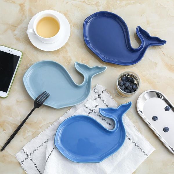 Piatti Creative Blue Whale Piatto in ceramica Solido Bistecca per uso domestico Piatto da insalata Vassoio Porcellana Cena per bambini Ceramica Stoviglie piatte