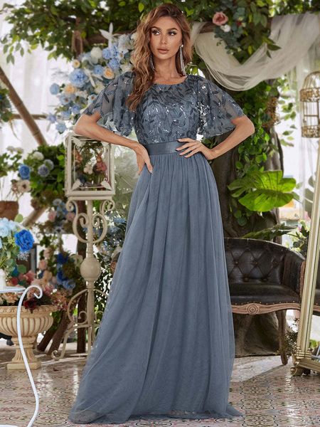 Abiti da festa Abiti da sera eleganti Stampa di paillettes Maxi lunghi con maniche ad aletta A-LINE Ever Pretty of Dusty Navy Lace Prom Dresses Of Women 230504