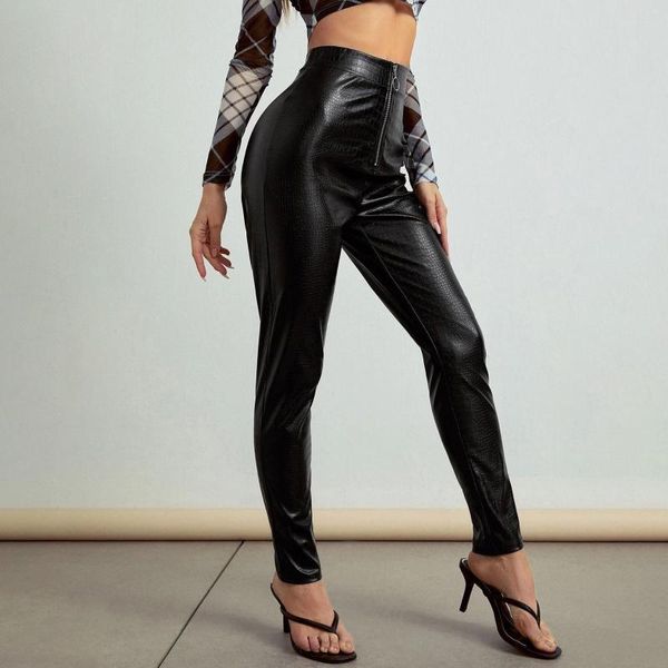 Calça feminina Couro feminino Black Slim Zipper Classic Troushers Lápis Faux Faux for Women 2023