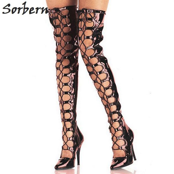 Sorbern Rote Damenstiefel Langes Lackleder PU 12CM High Heel Lace-up Front Stilettos Stöckelschuhe Oberschenkel Hohe Spitze Custom C253D