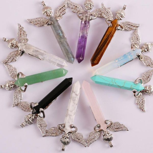 Colares pendentes Cristal/Labradorita Natural/Opal/Aventurina/Carnelian/Tigereye/Howlite Stone Gem Lucky Angel Jewelry for Gift 1PCS