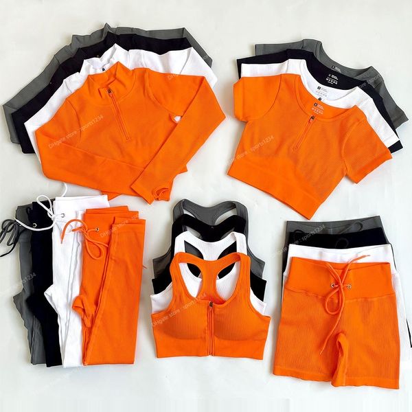 2/3/5 peças conjunto de ioga sem costura feminino treino roupas esportivas de ginástica com cordão leggings de cintura alta com zíper manga comprida ternos esportivos iogaconjuntos de ioga femininos roupas de ioga