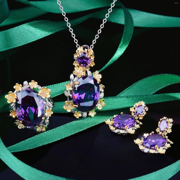 Set di orecchini per collana Anello di colore argento con pietra viola squisita di alta qualità per banchetto di nozze con ametista imitato