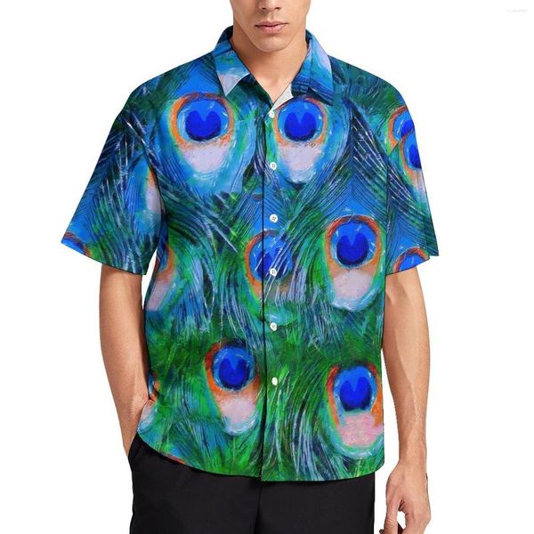 Camisas casuais masculinas penas de pavão arte de arte solteira de praia impressão de animais impressa no verão de manga curta harajuku blusas de grandes dimensões