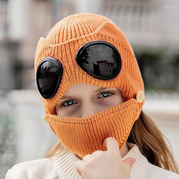 Beanies Beanie/Kafatası Kapakları Unisex Kids Kış Dış Mekan Gözlük Örgü Şapka Kavan Balaclava Maske Yüz Boyun Koruma Kalınlaştırılmış Eşarp Sıcak